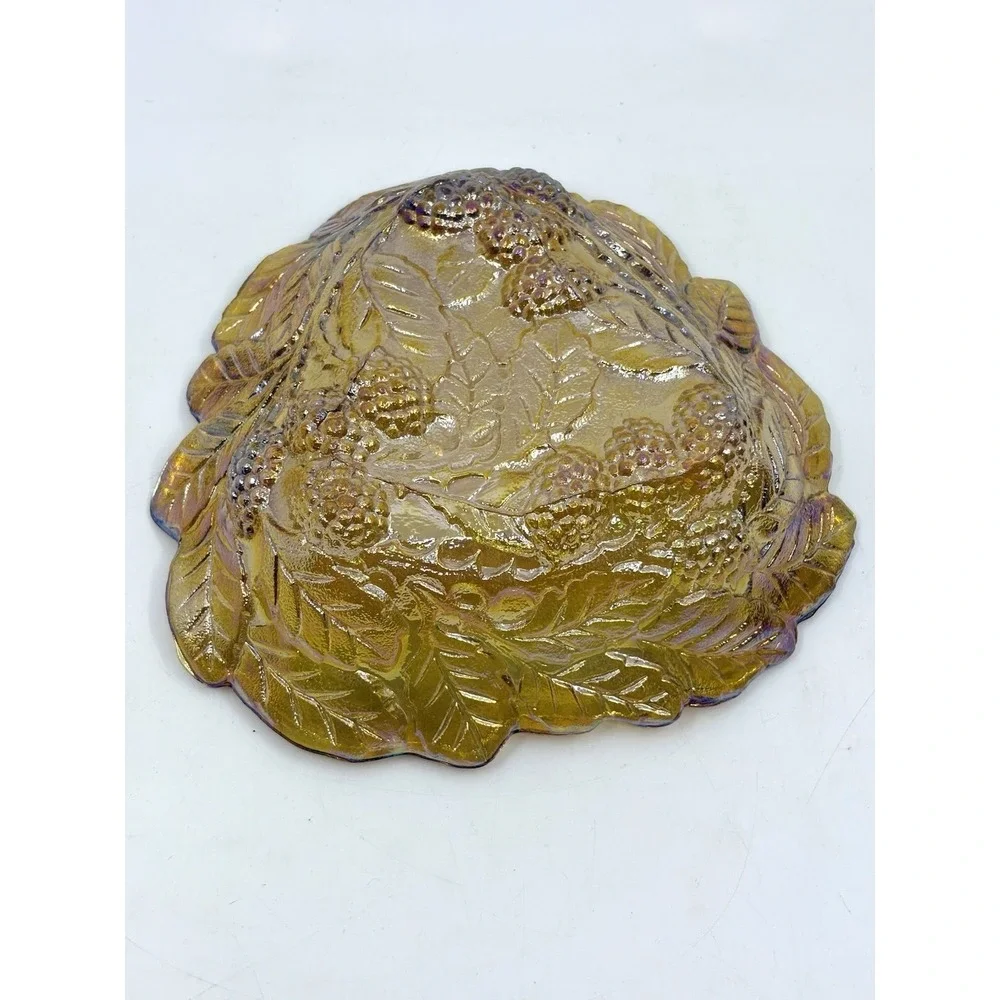 Antique Imperial Marigold Carnival Grape Leaf Shape Glass Scalloped Bowl Dish 7